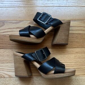 Kork-Ease Black Leather Women's Heeled Sandals with Silver Buckle